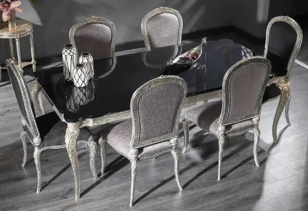 Wochenendangebot Casa Padrino mesa de comedor barroco de lujo negro / plata antigua 222 x 107 x A. 79 cm - Mesa de cocina de madera maciza noble - Muebles de comedor en estilo barroco
