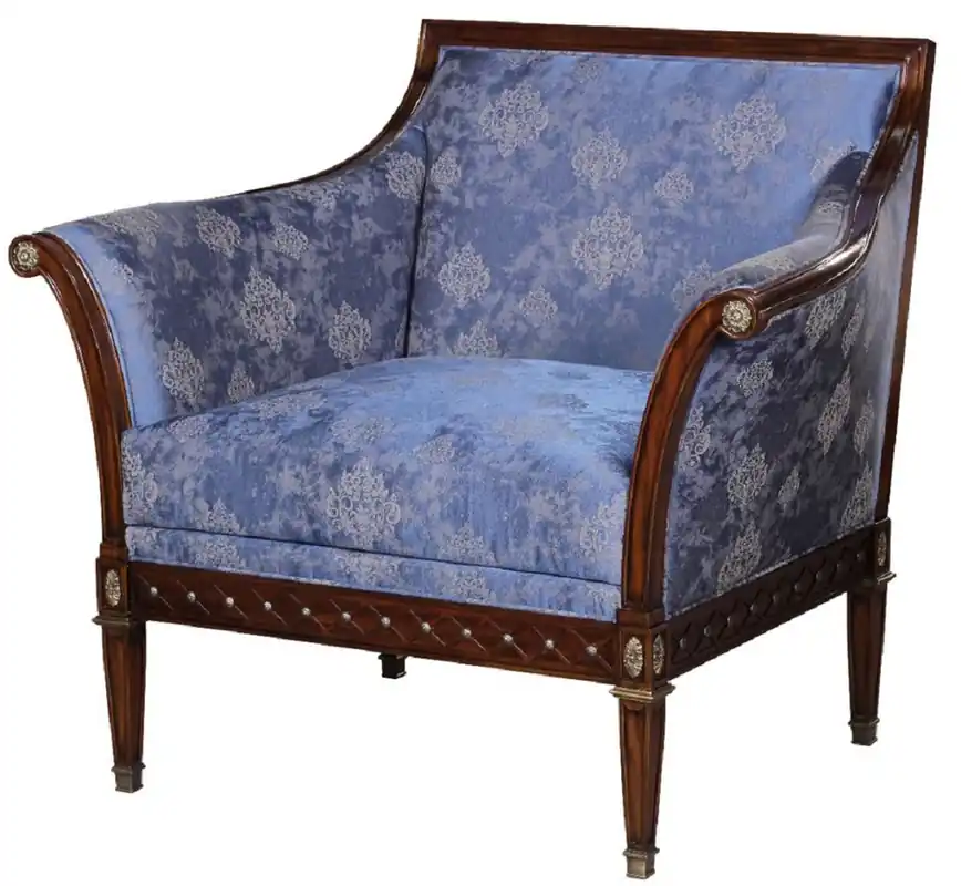 Casa Padrino sillón Art Nouveau de lujo azul / marrón / latón antiguo 112 x 89 x A. 100 cm - Sillón de salón de caoba noble con elegante diseño de damasco - Muebles de Salón Barrocos y Art Nouveau Preisreduziert