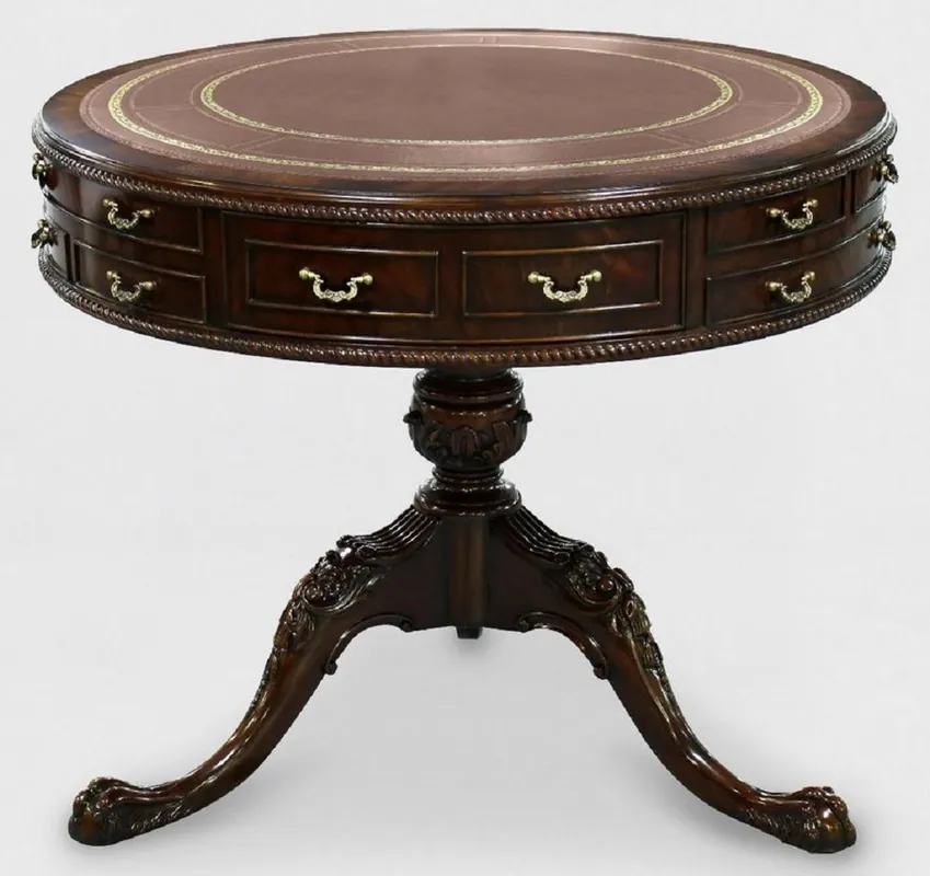 Begrenztes Angebot Casa Padrino mesa auxiliar barroco de lujo marrón / oro Ø 91 x A. 76 cm - Mesa redonda de caoba con 14 cajones y piel genuina - Muebles barrocos de caoba