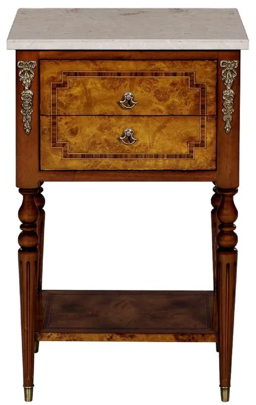 Casa Padrino mesa auxiliar barroco de lujo marrón claro / marrón / crema 42 x 31 x A. 68 cm - Mesa de madera maciza con tapa de mármol - Mesita de Noche - Muebles Barrocos Aktuell