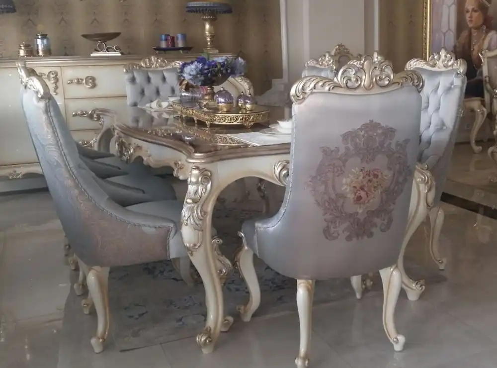 Casa Padrino conjunto de comedor barroco de lujo plata / crema / oro - 1 Mesa de Comedor y 6 Sillas de Comedor - Muebles de comedor hechos a mano en estilo barroco - Noble y Magnífico Sonderangebot