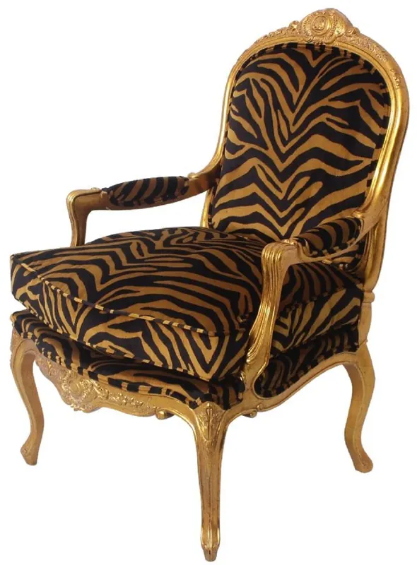 Casa Padrino sillón barroco de lujo oro / negro / oro 69 x 77 x A. 108 cm - Sillón de salón de caoba noble con elegante patrón de tigre - Muebles Barrocos Top-Seller
