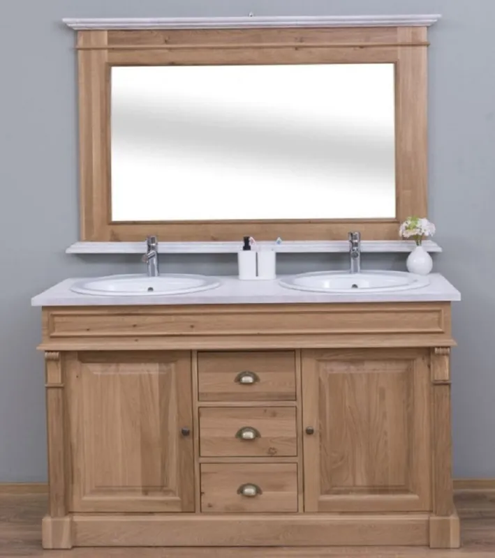 Solange Der Vorrat Reicht Casa Padrino Conjunto de Baño de Estilo Campestre Marrón / Blanco - 1 Gabinete del Fregadero Doble y 2 Lavabos y 2 Grifos y 1 Espejo de Pared - Muebles de Baño de Madera Maciza en Estilo Campestre