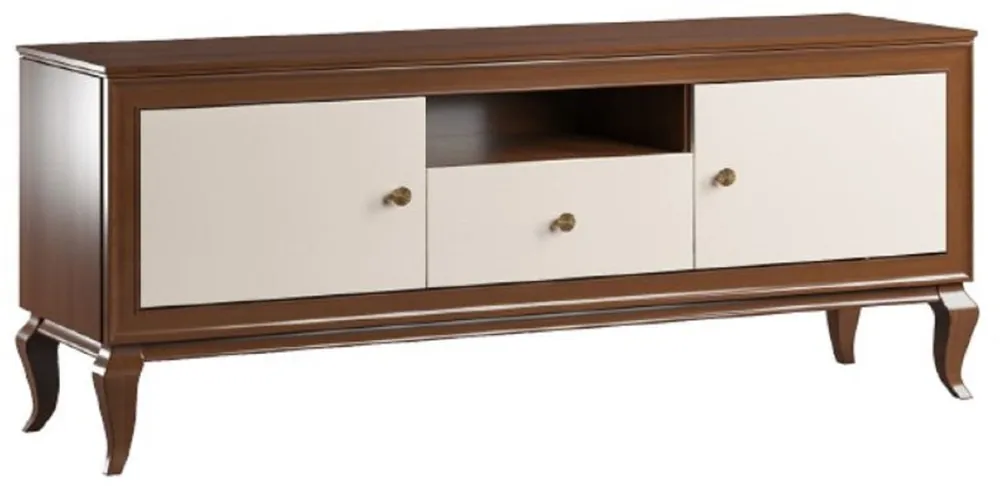 Expressversand Casa Padrino gabinete de TV Art Deco de lujo marrón oscuro / crema 156 x 43,5 x A. 67 cm - Armario de madera maciza con 2 puertas y cajón - Muebles de Sala Art Deco