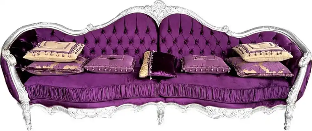 Casa Padrino sofá barroco de lujo púrpura / plata - Sofá de salón hecho a mano con tela de satén fino - Muebles Barrocos - Noble y Magnífico Abverkauf
