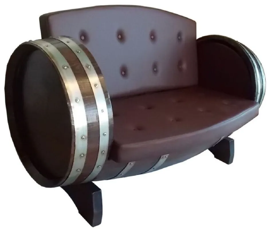 Casa Padrino sofá de barril de lujo marrón / plata 130 x 65 x A. 85 cm - Sofá de barril de vino tapizado de madera maciza - Muebles de Terrazas de Jardín de Gastronomía Neu