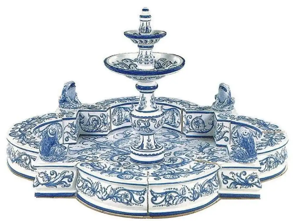Highlight Casa Padrino fuente Art Nouveau de lujo blanco / azul 131 x 131 x A. 72 cm - Fuente de jardín de cerámica hecha a mano y pintada a mano - Accesorios de Decoración de Jardín Barroco y Art Nouveau