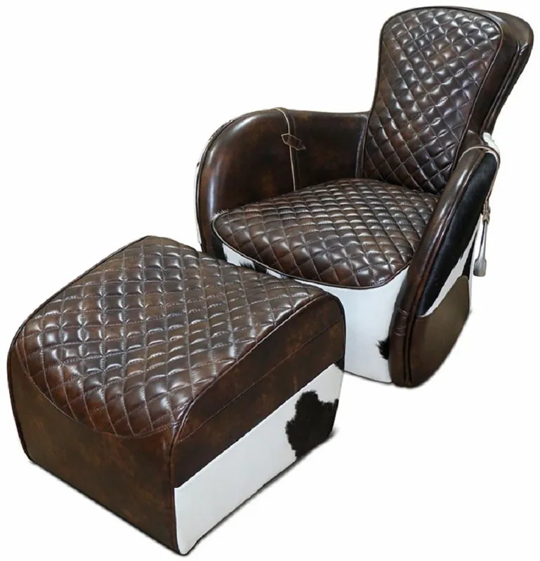 Casa Padrino sillón de salón de cuero genuino con otomana marrón oscuro / blanco / negro / plata - Muebles de Salón - Muebles de Cuero Genuino Bestpreis