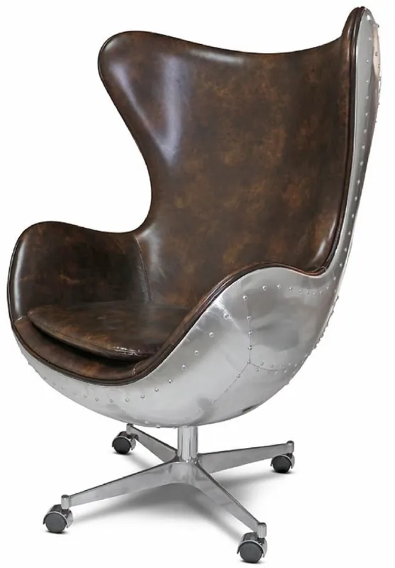 Neu Casa Padrino sillón giratorio de cuero genuino marrón oscuro / plata 85 x 78 x A. 112 cm - Sillón de cuero en forma de huevo - Sillón club - Sillón lounge - Muebles de aviador de avión de aluminio