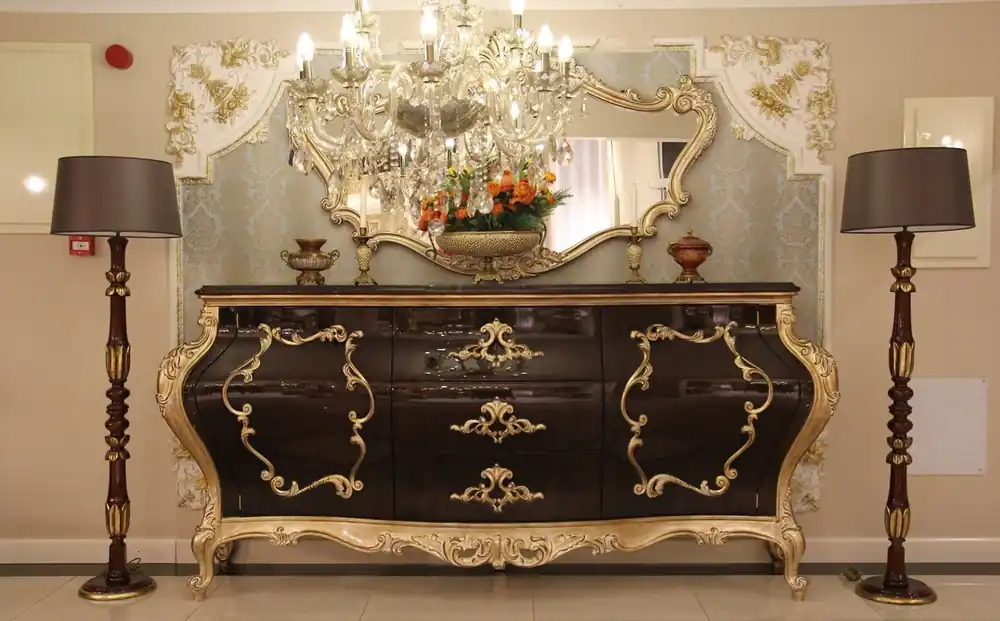 Markenware Casa Padrino cómoda barroco de lujo con espejo de pared marrón oscuro / oro - Gabinete de madera maciza hecho a mano con elegante espejo - Magníficos muebles de estilo barroco
