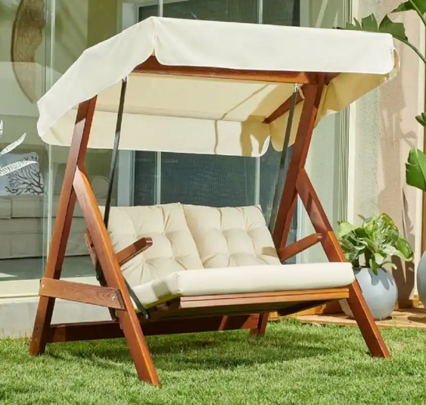 Kracherpreis Casa Padrino columpio de Hollywood de lujo crema / marrón - Columpio de jardín moderno resistente a la intemperie con toldo para el sol - Muebles de Terraza - Muebles de Jardín