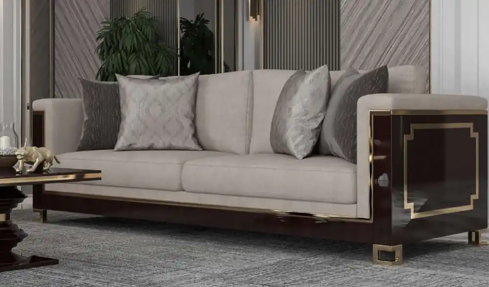 Casa Padrino sofá Art Deco de lujo gris claro / marrón oscuro brillante / oro - Sofá de salón de madera maciza hecho a mano con tela de terciopelo noble - Calidad de Lujo - Muebles Art Deco Super-Preis