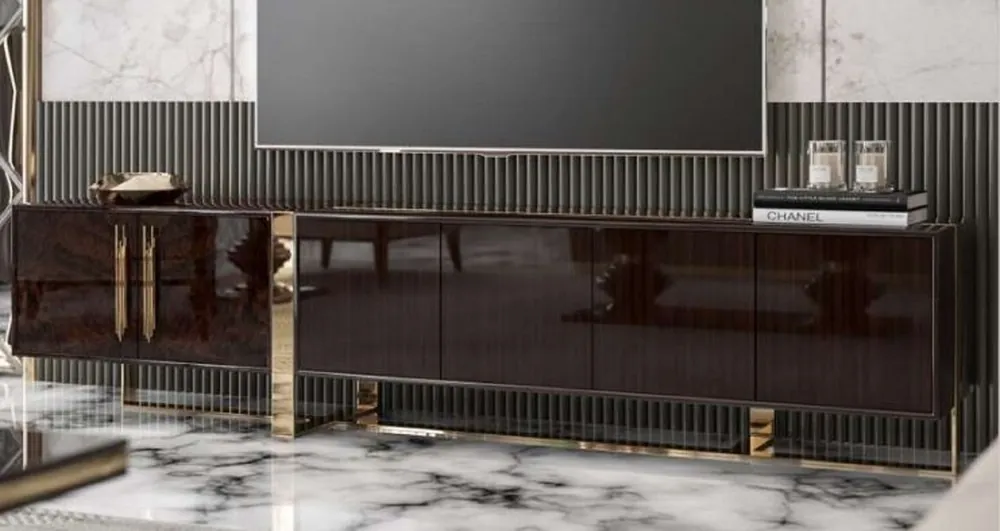 Casa Padrino gabinete TV Art Deco de lujo marrón oscuro brillante / oro - Mueble de TV noble para sala de estar con 6 puertas - Muebles Art Deco Billig