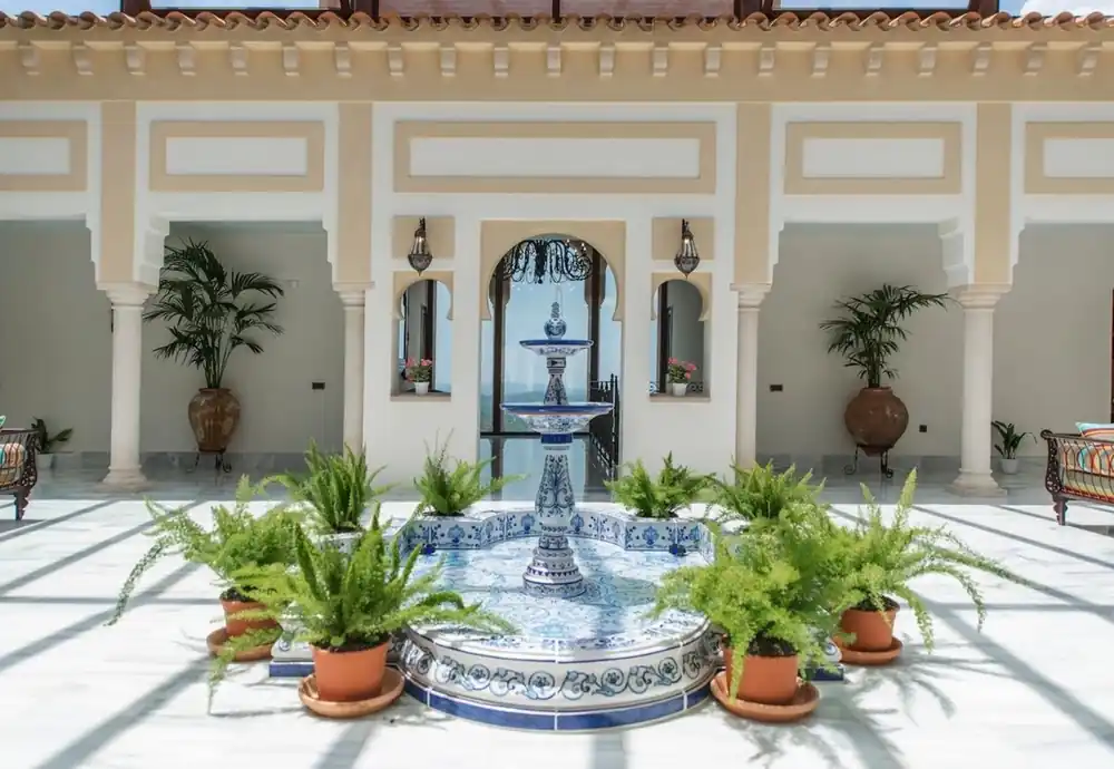 Casa Padrino fuente Art Nouveau de lujo blanco / azul 300 x 300 x A. 155 cm - Fuente de jardín de cerámica hecha a mano y pintada a mano - Accesorios de Decoración de Jardín Barroco y Art Nouveau Direktkauf