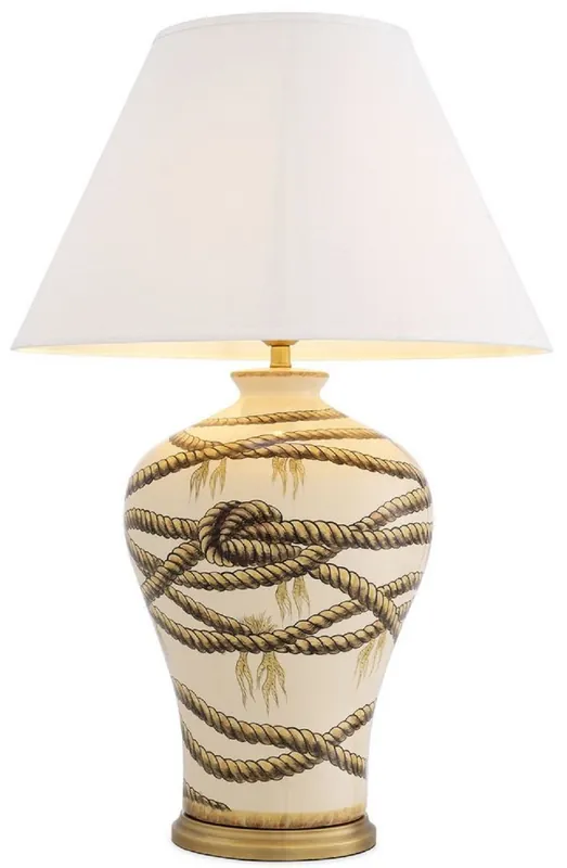 Casa Padrino lámpara de mesa de lujo beige / latón antiguo / blanco Ø 56 x A. 86 cm - Lámpara de mesa de porcelana pintada a mano - Colección de Lujo Highlight