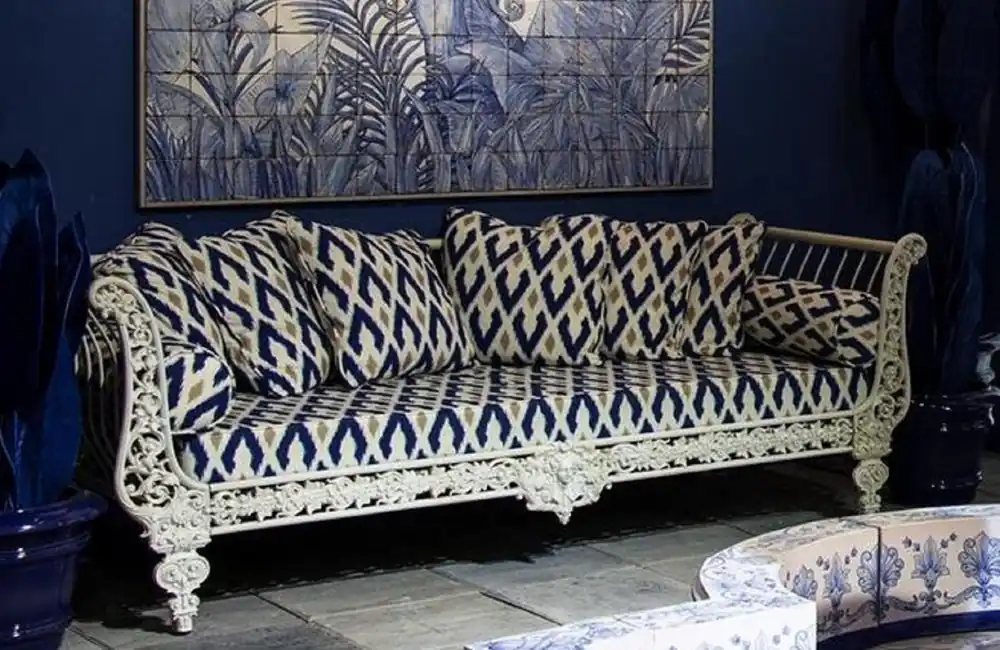 Casa Padrino sofá barroco de lujo blanco / azul / oro 212 x 87 x A. 77 cm - Sofá de hierro forjado forjado a mano con cojines - Sofá de Salón - Sofá de Jardín - Sofá de Patio - Muebles Barrocos Sofort Bestellen