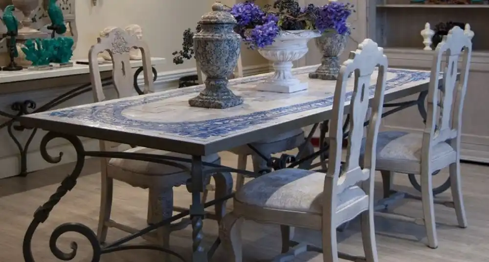 Casa Padrino mesa de comedor barroco de lujo - Mesa de cocina de hierro forjado con tablero de mosaico de piedra natural - Mesa de Jardín - Mesa de Terraza - Muebles de Jardín Patio Sala de Estar Jetzt Kaufen