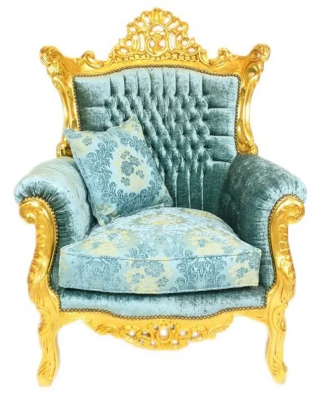 Preiswert Casa Padrino sillón barroco turquesa / oro - Sillón de salón de madera maciza hecho a mano con tela de terciopelo - Sillón de estilo antiguo - Muebles Barrocos
