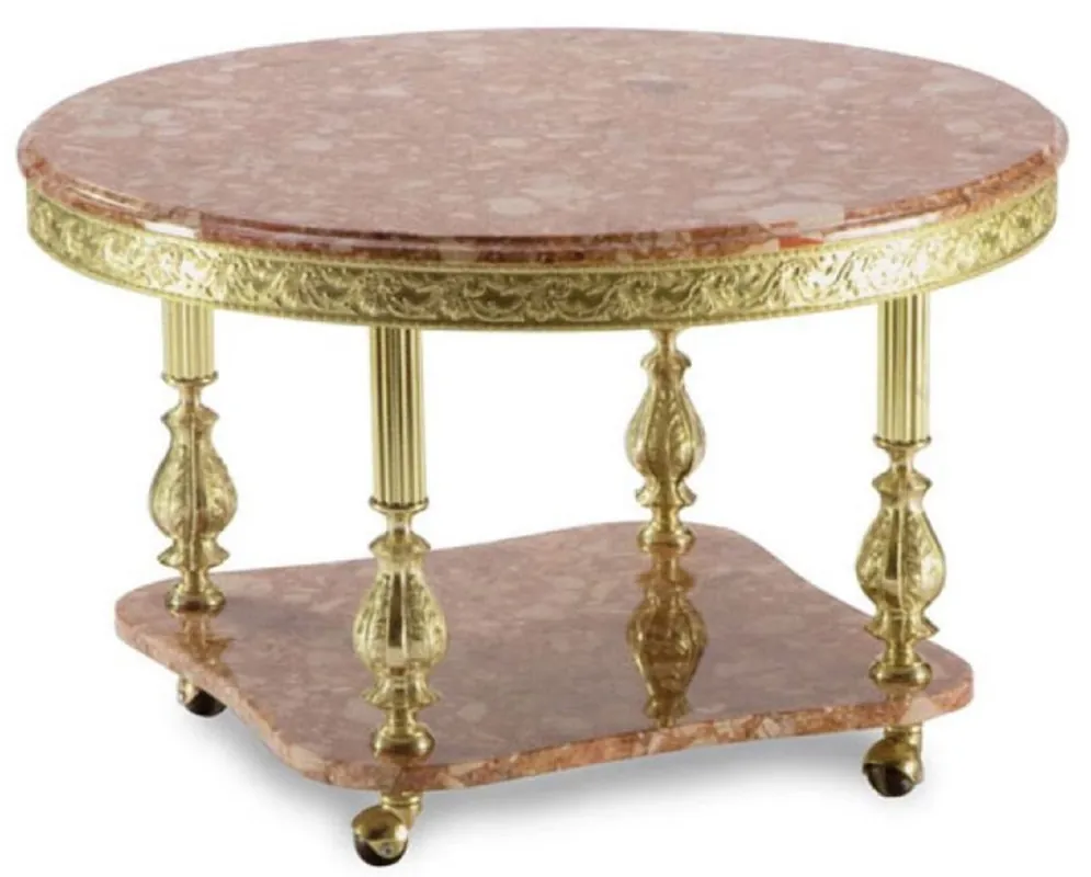 Casa Padrino mesa de centro barroco de lujo marrón rosa / oro Ø 80 x A. 43 cm - Mesa de salón redonda de latón con tapa de mármol y ruedas - Muebles de salón barrocos Geprüft