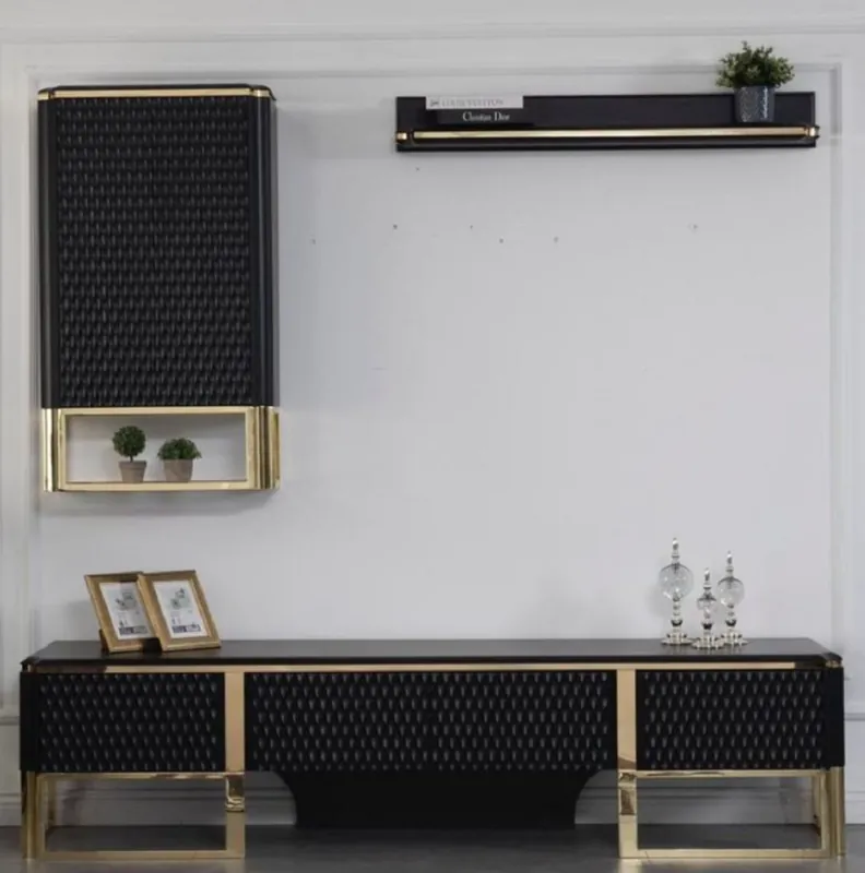 Jetzt Bestellen Casa Padrino conjunto de gabinete de TV de lujo negro / oro 220 x 50 x A. 53 cm - 1 Gabinete de TV y 1 Gabinete de Pared y 1 Estante de Pared - Muebles de sala de estar de lujo