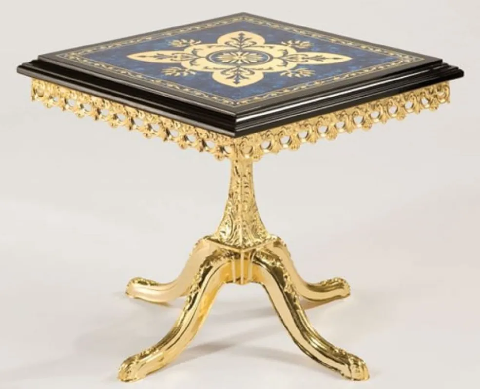 Casa Padrino mesa auxiliar barroco de lujo negro / azul / oro 53 x 53 x A. 50 cm - Mesa de latón noble con tablero de madera maciza - Muebles de salón barrocos Aktuell