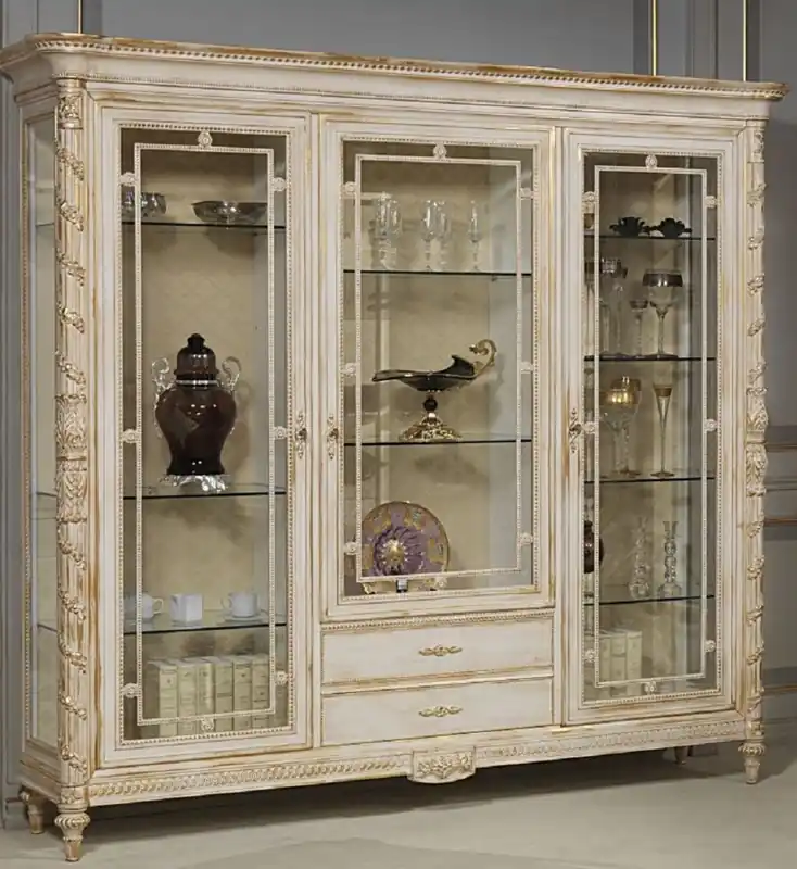 Mega-Angebot Casa Padrino vitrina barroco de lujo blanco / oro - Vitrina noble de madera maciza con 3 puertas de vidrio y 2 cajones - Muebles de Hotel - Muebles de Castillo - Calidad de Lujo - Hecho en Italia