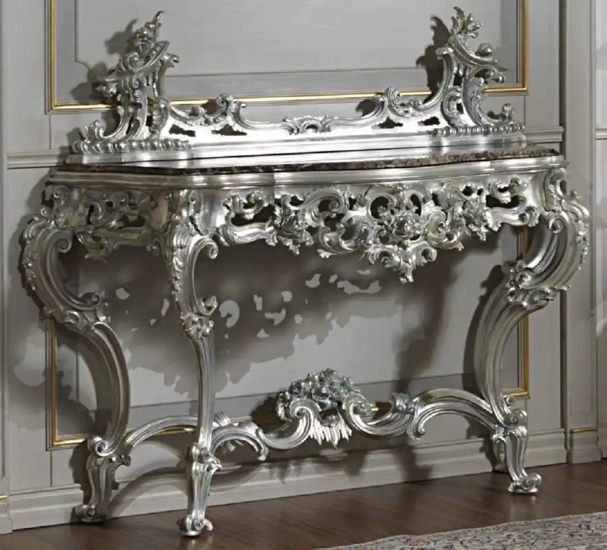 Casa Padrino consola barroco de lujo plata / negro - Magnífica consola tallada a mano con tapa de mármol - Muebles de Hotel - Muebles de Castillo - Calidad de Lujo - Hecho en Italia Markenware