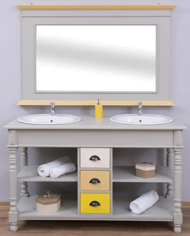 Super-Preis Casa Padrino Conjunto de Baño de Estilo Campestre Gris / Natural / Multicolor - 1 Gabinete del Fregadero Doble y 1 Espejo de Pared - Muebles de Baño de Madera Maciza en Estilo Campestre