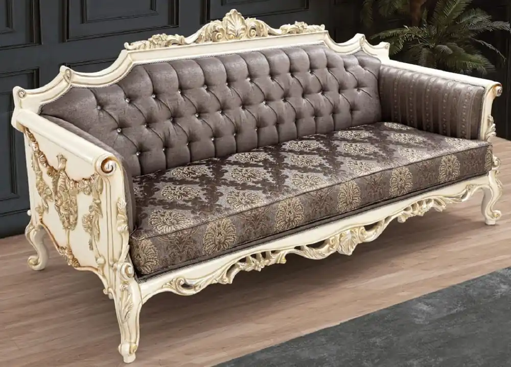 Casa Padrino sofá barroco de lujo gris / marrón / blanco / oro / plata - Sofá de salón hecho a mano con patrón elegante y pedrería - Muebles de salón barrocos - Noble y Magnífico Sonderangebot