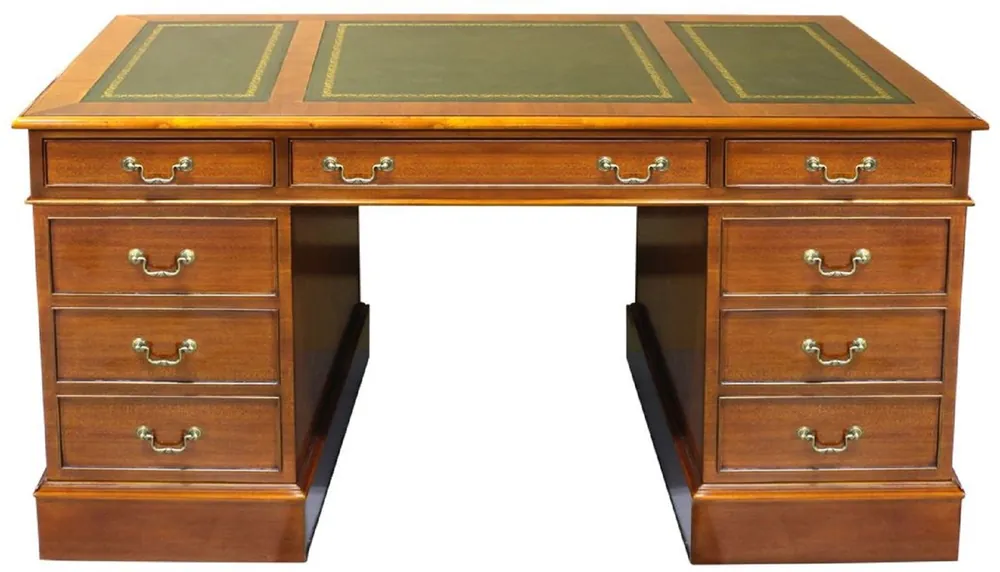 Casa Padrino escritorio de lujo marrón claro / verde / oro 140 x 70 x A. 78 cm - Mesa de oficina de madera maciza de estilo inglés - Muebles de oficina de lujo Echt