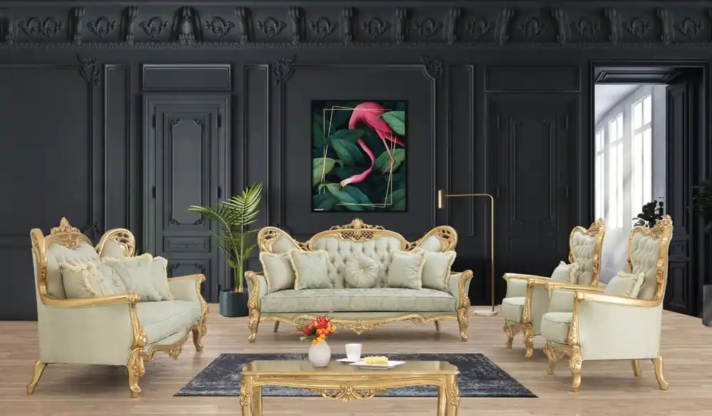 Rabatt Casa Padrino conjunto de sala de estar barroco de lujo verde claro / oro - 2 Sofás y 2 Sillones y 1 Mesa de Centro - Muebles de salón barrocos hechos a mano - Noble y Magnífico