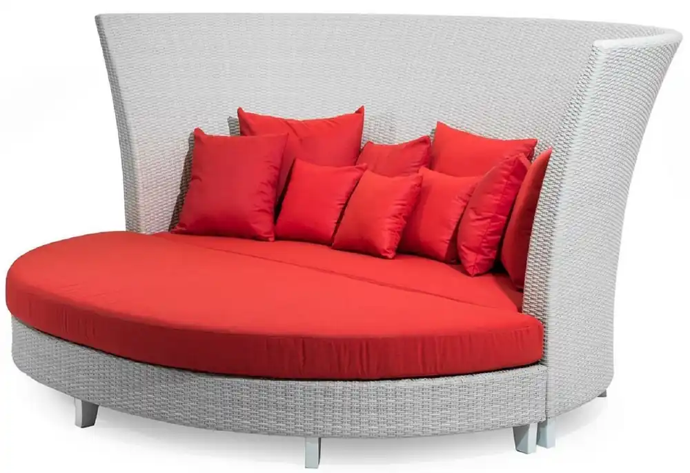 Casa Padrino sofá de jardín de lujo con taburete semicircular blanco / rojo 277 x 243 x A. 133 cm - Sofá impermeable con respaldo alto - Isla tumbona con cojines - Muebles de jardín de hotel modernos Versand Am Gleichen Tag