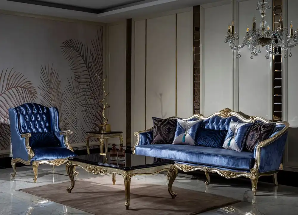 Finale Aktion Casa Padrino conjunto de sala de estar barroco de lujo azul / plata / oro - 2 Sofás y 2 Sillones y 1 Mesa de Centro - Muebles de salón en estilo barroco magnífica