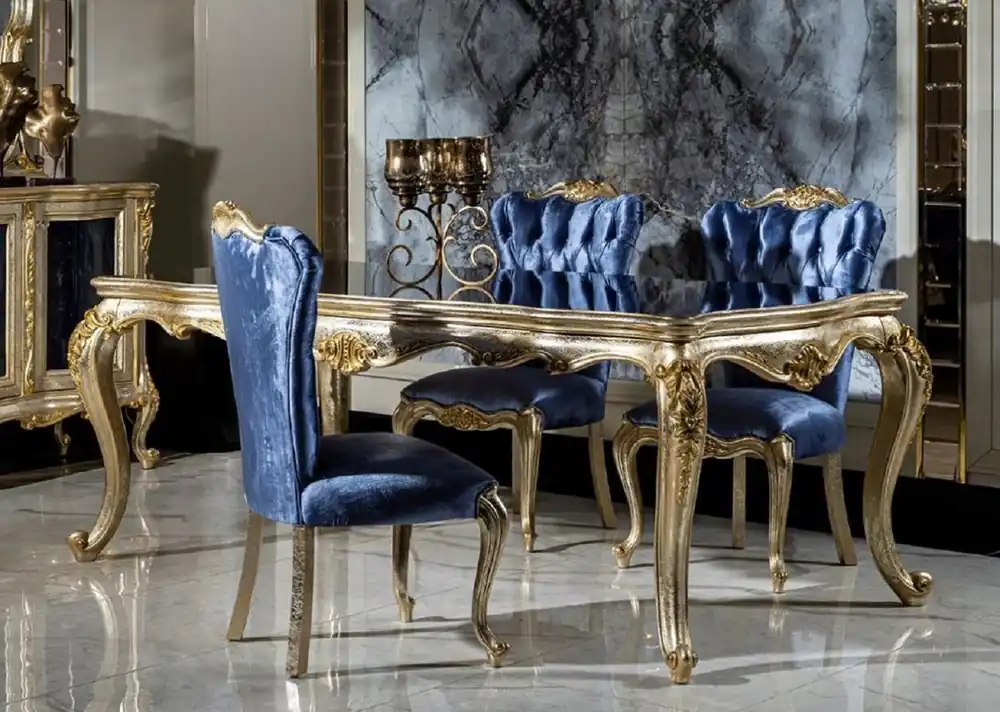 Casa Padrino conjunto de comedor barroco de lujo azul / plata / oro - 1 Mesa de Comedor y 6 Sillas de Comedor - Muebles de comedor barrocos - Noble y Magnífico Zertifiziert