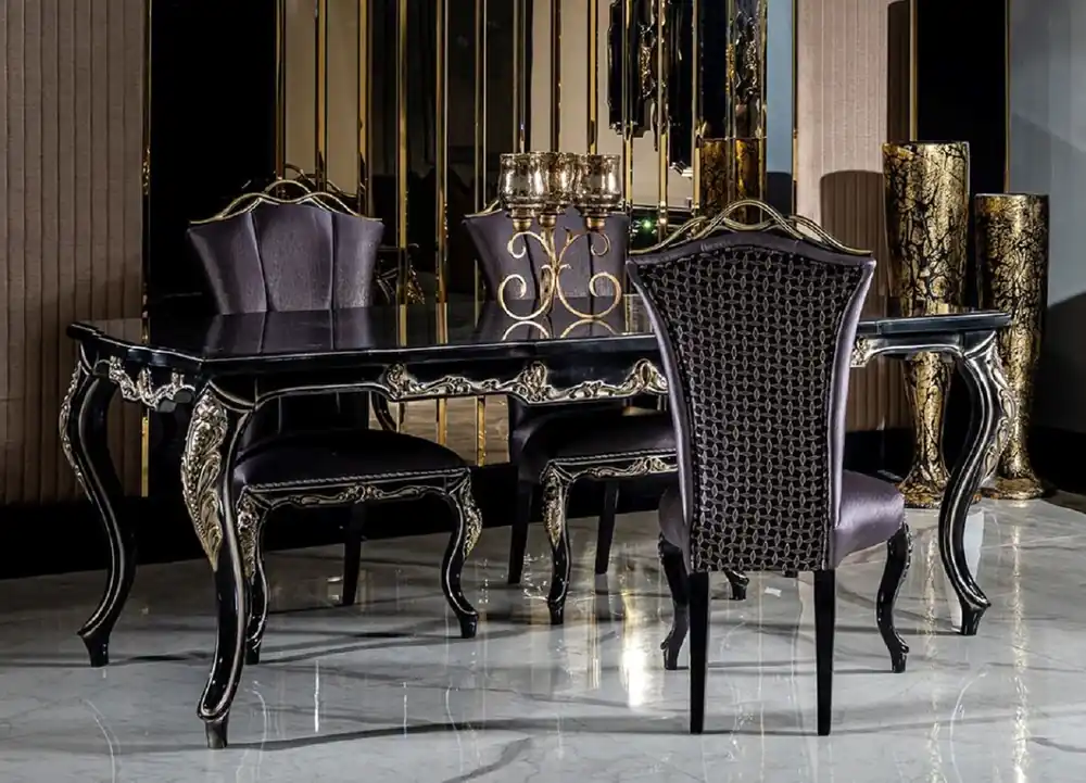 Casa Padrino conjunto de comedor barroco de lujo púrpura / negro / oro - 1 Mesa de Comedor y 6 Sillas de Comedor - Muebles de comedor barrocos - Noble y Magnífico Solange Der Vorrat Reicht