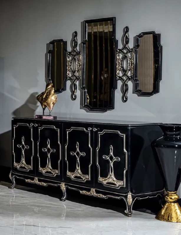 Nur Heute Casa Padrino conjunto de muebles barrocos de lujo negro / oro - 1 Aparador con 4 Puertas y 1 Espejo - Muebles barrocos hechos a mano - Noble y Magnífico