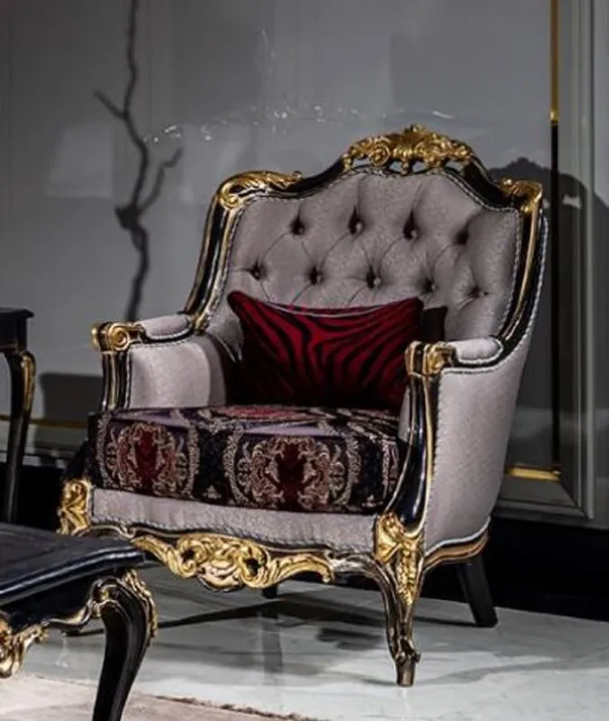 Casa Padrino sillón de salón barroco de lujo plata / rojo burdeos / negro / oro - Sillón de estilo barroco hecho a mano con patrón elegante - Muebles de salón barrocos Neue Kollektion