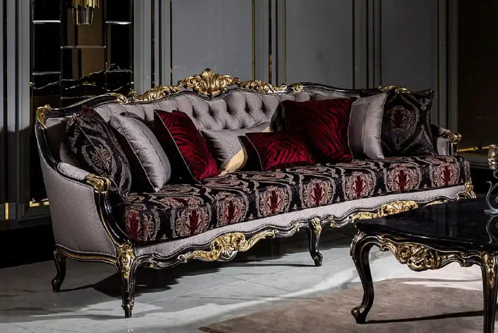 Casa Padrino sofá barroco de lujo plata / rojo burdeos / negro / oro - Sofá de salón hecho a mano con patrón elegante y cojines decorativos - Muebles de salón en estilo barroco Direktkauf