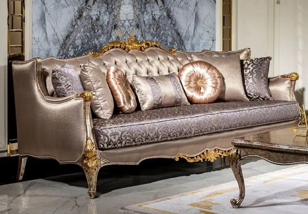Casa Padrino sofá barroco de lujo plata / púrpura / plata antigua / marrón / oro - Sofá de salón hecho a mano con patrón elegante y cojines decorativos - Muebles de salón en estilo barroco Geprüft