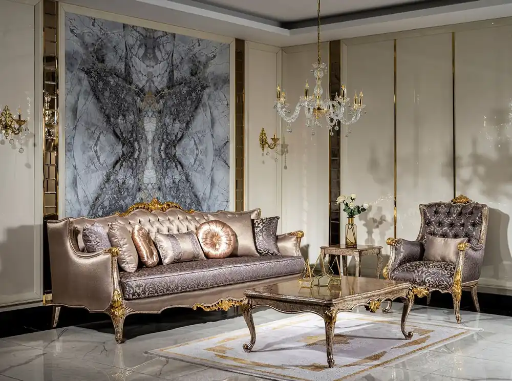 Direkt Vom Hersteller Casa Padrino conjunto de sala de estar barroco de lujo plata / púrpura / plata antigua / marrón / oro - 2 Sofás y 2 Sillones y 1 Mesa de Centro - Muebles de sala magnífica en estilo barroco