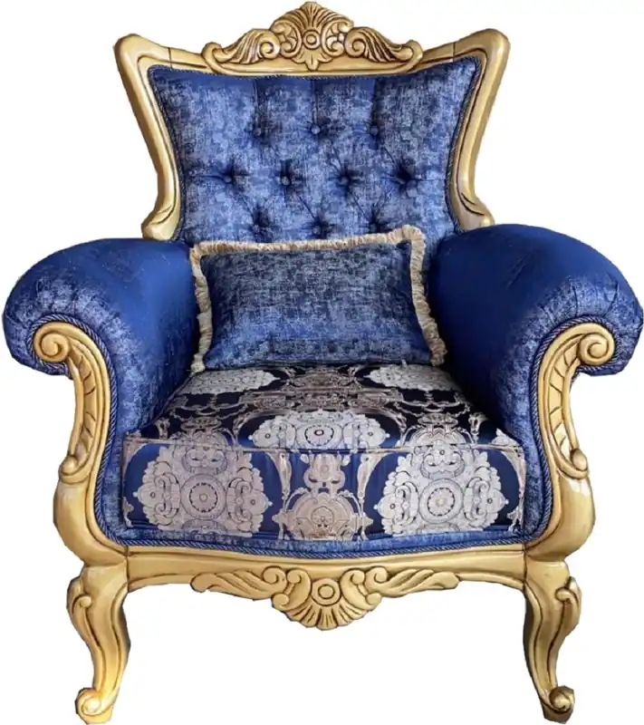 Nur Für Kurze Zeit Casa Padrino sillón barroco de lujo azul / crema / oro - Sillón de salón hecho a mano con patrón elegante y cojín decorativa - Muebles Barrocos