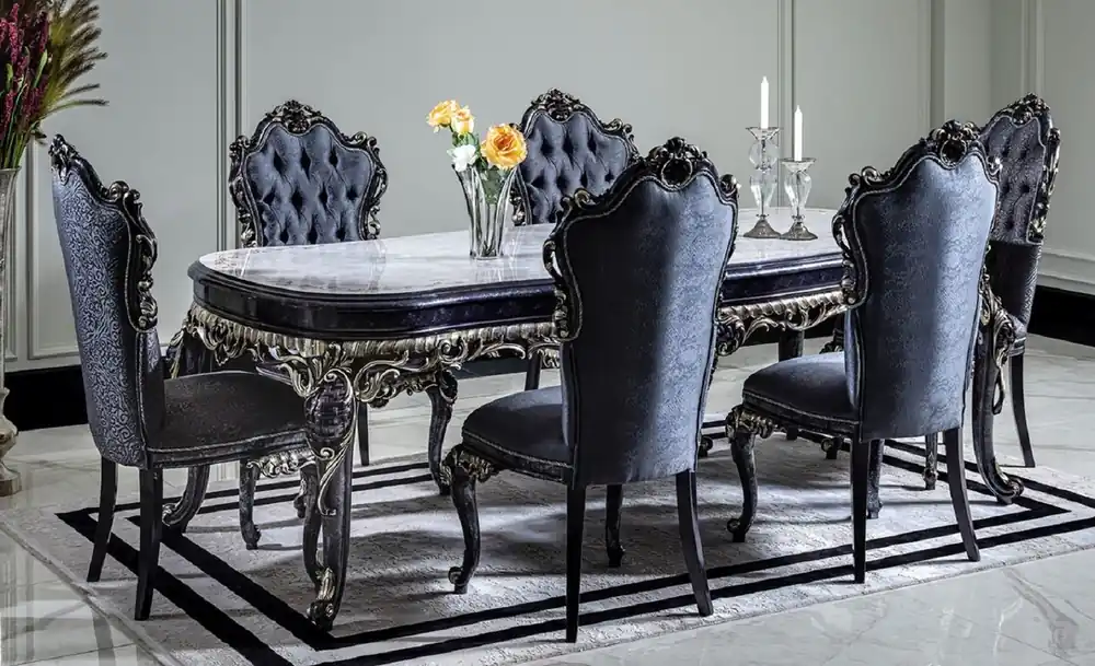 Bestseller Casa Padrino conjunto de comedor barroco de lujo blanco / azul / oro - 1 Mesa de Comedor y 6 Sillas de Comedor - Muebles de comedor barrocos - Noble y Magnífico