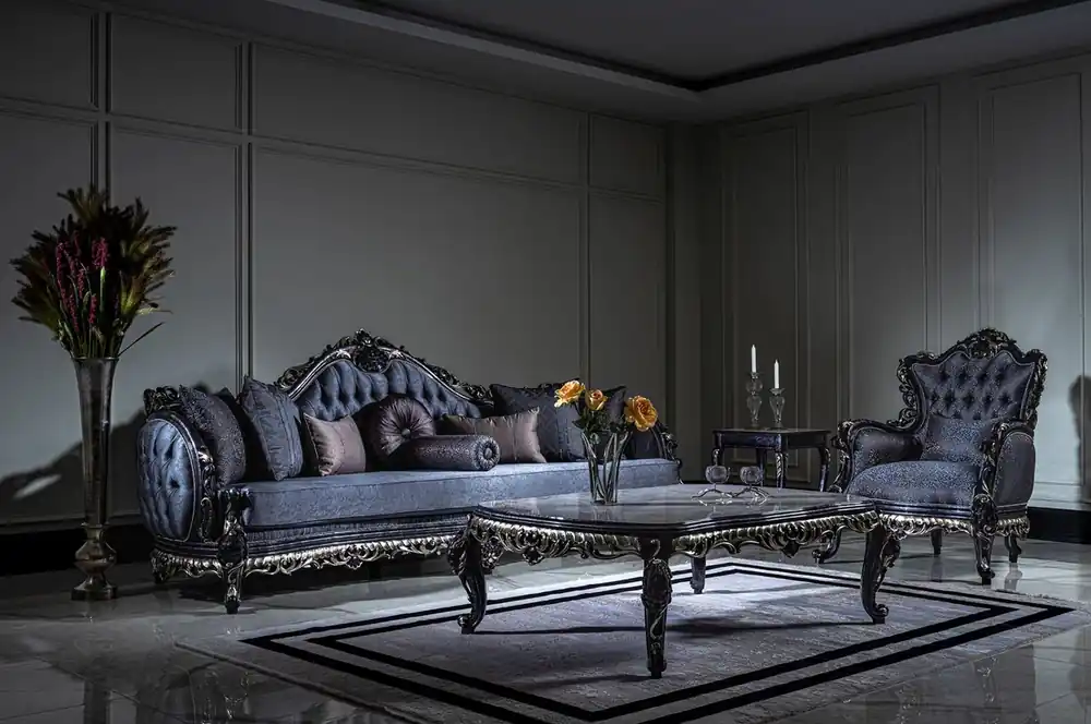 Direktkauf Casa Padrino conjunto de sala de estar barroco de lujo blanco / azul / oro - 2 Sofás y 2 Sillones y 1 Mesa de Centro - Muebles de sala magnífica en estilo barroco
