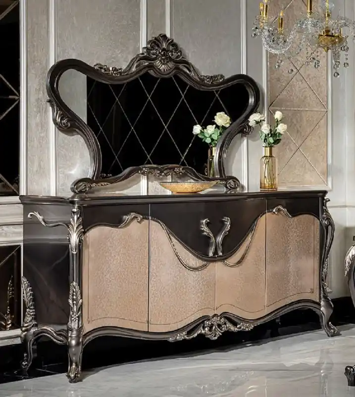 Sale Casa Padrino conjunto de muebles barrocos de lujo gris oscuro / beige / oro - 1 Aparador con 4 Puertas y 1 Espejo - Muebles barrocos hechos a mano - Noble y Magnífico