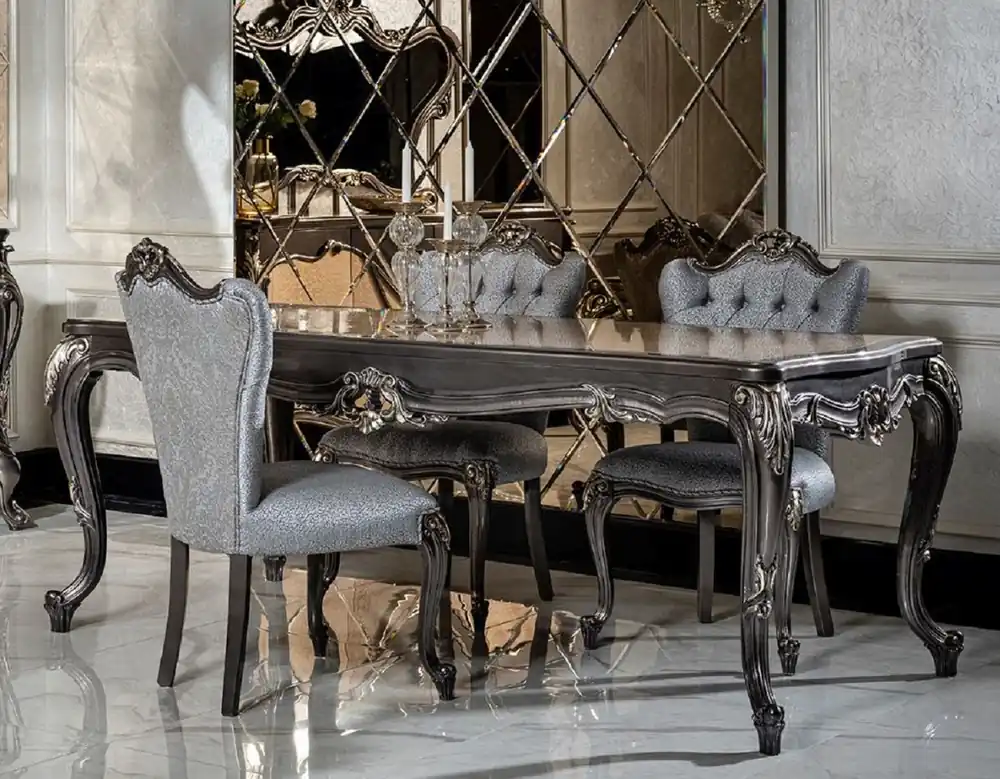 Must-Have Casa Padrino conjunto de comedor barroco de lujo azul claro / gris oscuro - 1 Mesa de Comedor y 6 Sillas de Comedor - Muebles de comedor de estilo barroco nobles