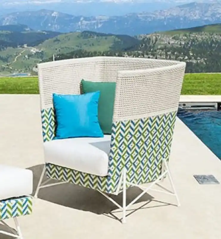 Echt Casa Padrino sillón de jardín de lujo blanco / azul / verde 98 x 85 x A. 104 cm - Sillón de respaldo alto resistente a la intemperie tejido a mano - Muebles de Jardín y Terraza