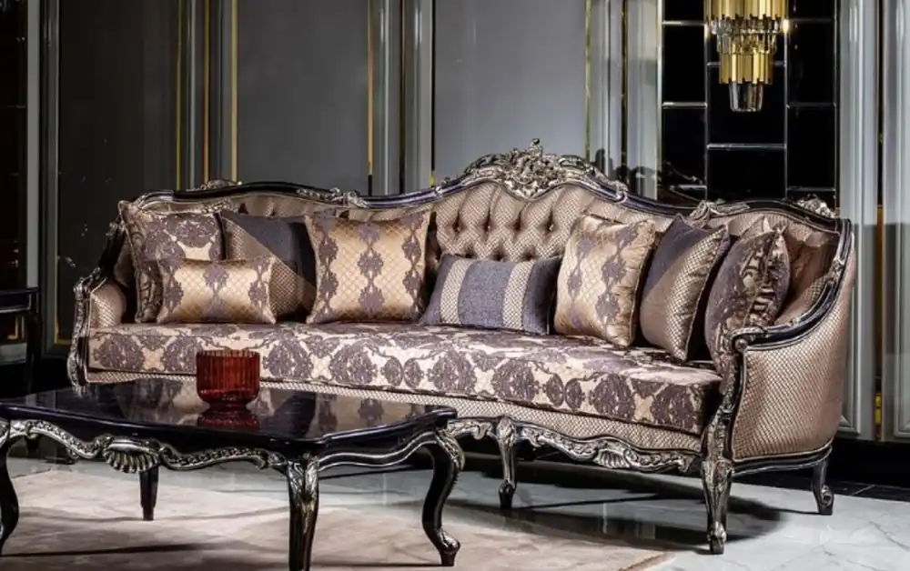 Garantierte Lieferung Casa Padrino sofá barroco de lujo oro / púrpura - Magnífica sofá de salón con patrón elegante y cojines decorativas - Muebles de salón en estilo barroco
