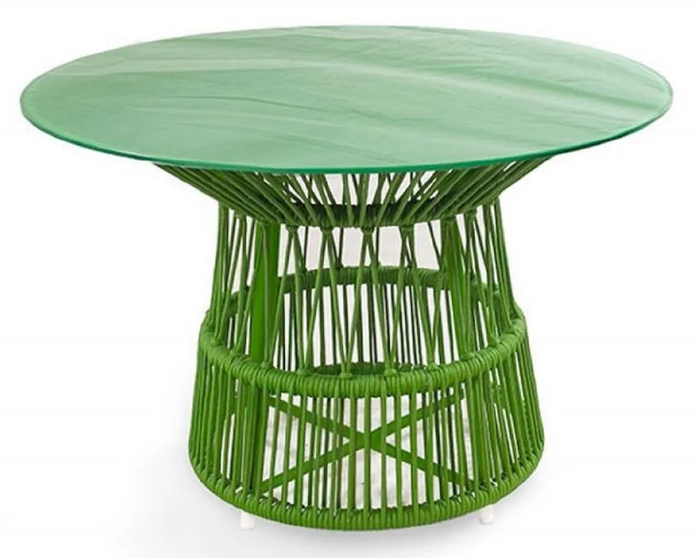 Ausverkauf Casa Padrino mesa de jardín de lujo verde Ø 110 x A. 75 cm - Mesa de comedor resistente a la intemperie tejida a mano con tapa de vidrio - Muebles de Jardín y Terraza