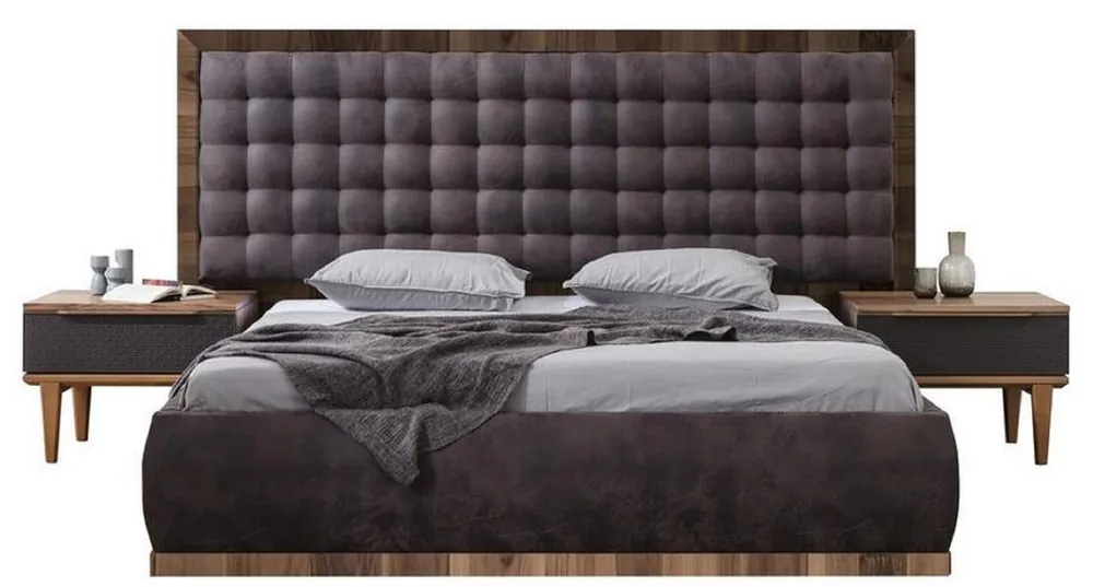Casa Padrino conjunto de dormitorio de madera maciza de lujo gris / marrón - 1 Cama Doble con Cabecera y 2 Mesitas de Noche - Muebles de dormitorio de lujo Geprüft