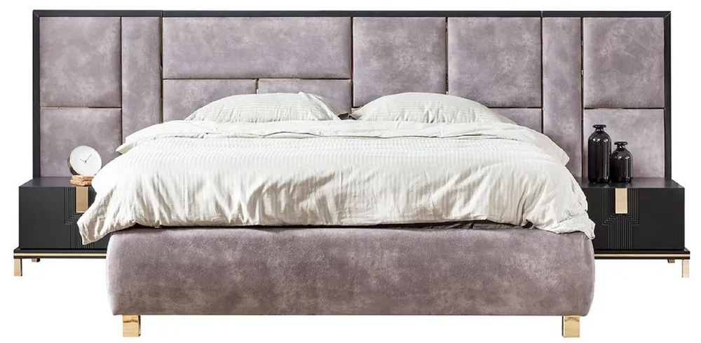 Casa Padrino conjunto de dormitorio de madera maciza de lujo púrpura / negro / oro - 1 Cama Doble con Cabecera y 2 Mesitas de Noche - Muebles de dormitorio de lujo Bestseller